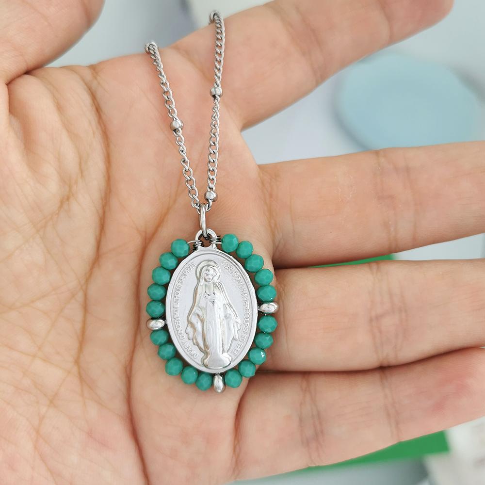 QMHJE Virgin Mary Stainless Steel Pendant Necklace Women Choker Beads Chain Oval Round Charm Gold Color Jewelry White Black