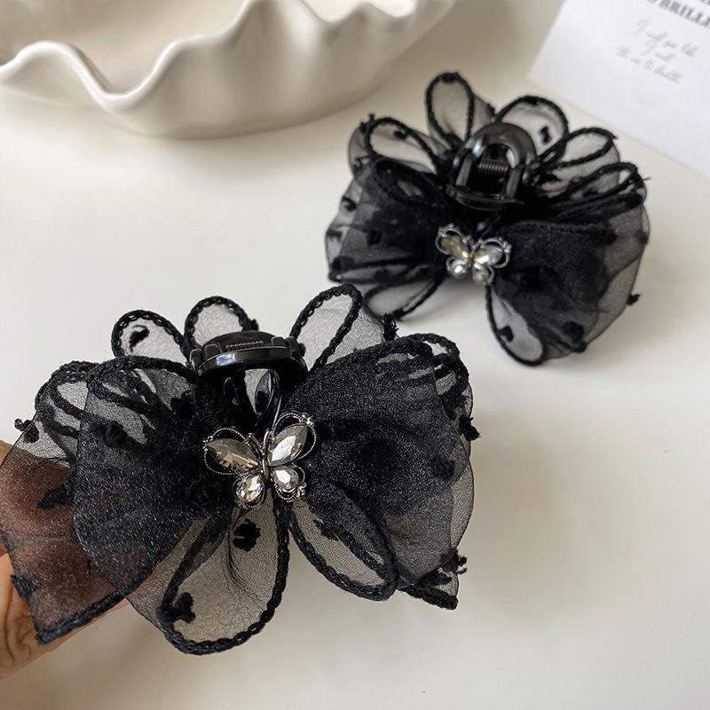 Black Mesh Polka Dot Rhinestone Bow Hair Clip for Women