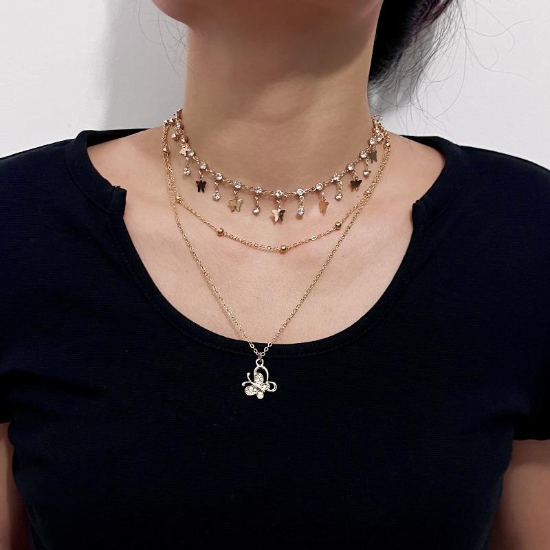 Punk style diamond butterfly pendant necklace for women - vintage layered alloy choker