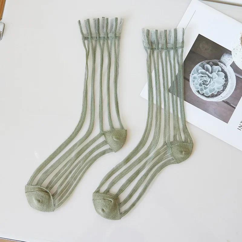 Summer Ultra-thin Women Socks Transparent Crystal Silk Socks Korean Fashion Striped Harajuku Streetwear Nylon Loose Long Socks