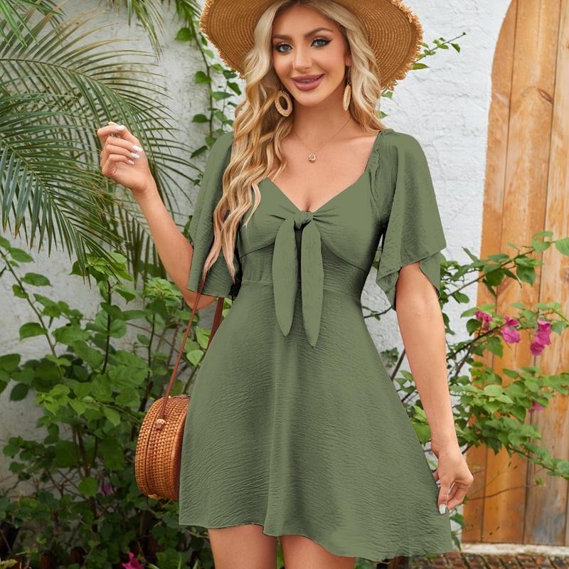 

Women s V-neck bow tie short-sleeved mini dress L армия зеленый