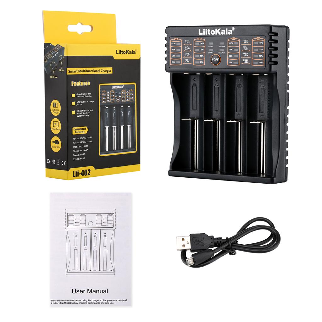 LiitoKala for 18650/26650/AA/AAA Batteries, LCD Display, Auto Detect, Overcharge Protection Lii-402 Multi-Purpose Charger