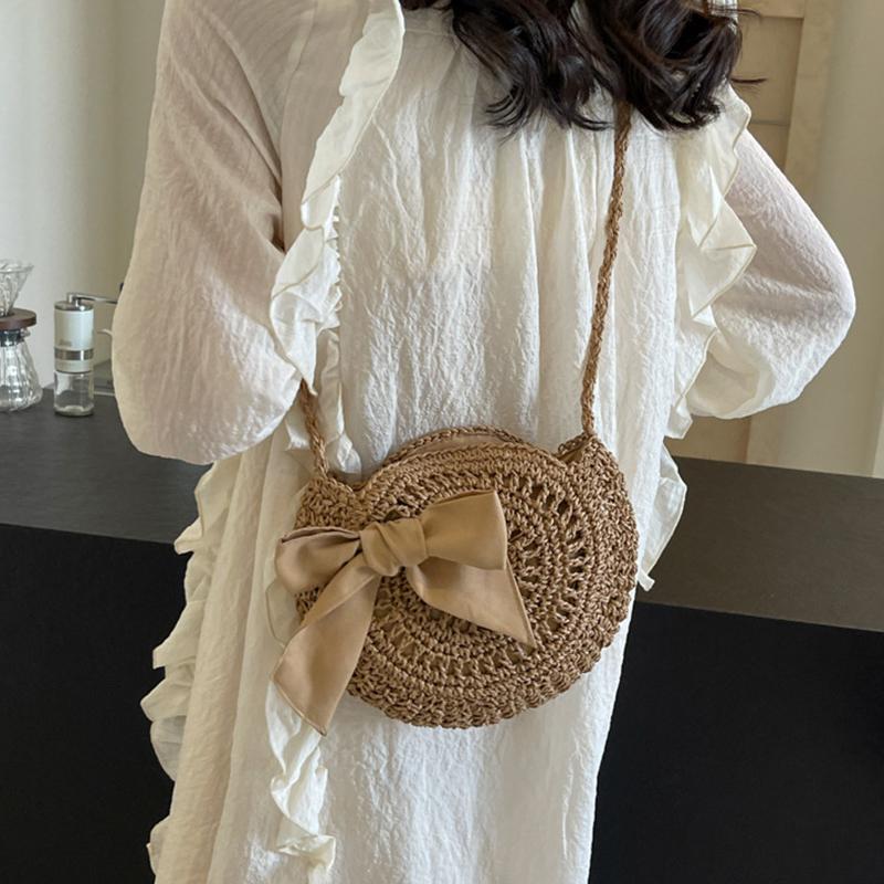 Sommer Kleine Stroh Schulter Umhängetaschen Handgefertigt Strand Handtaschen Schleife Gewebte Tragetasche Runde Umhängetasche Clutch