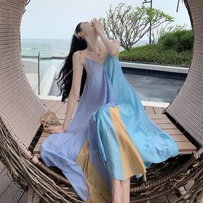 Summer Dopamine Wear Small French Beautiful Small Skirt Seaside Vacation Color Matching Suspender Splicing Dress Women