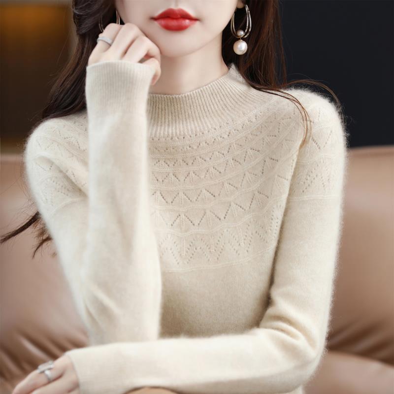 Women's Slimming 100% Wool Half-High Neck Sweater, Seamless Cashmere Knit Base Layer, Autumn Winter Loose Top with Hollow-Out Design
