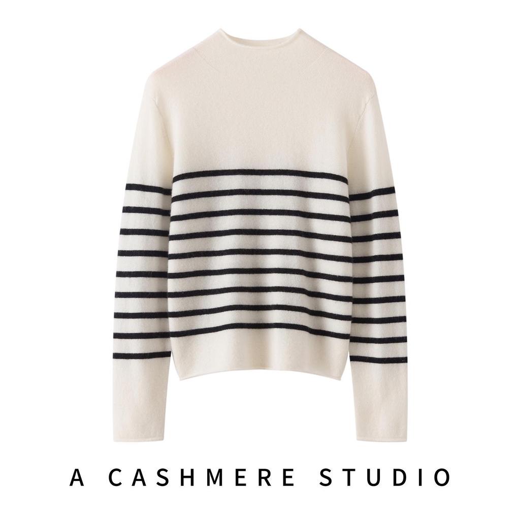 Women's Rolled Edge Striped Cashmere Sweater - Autumn/Winter Thin Knit, Loose Casual Wool Sweater
