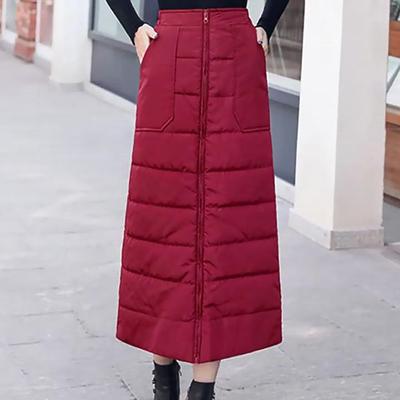 Faldas de mujer moda Otoño Invierno falda media larga a prueba de viento cálida cremallera abajo falda de algodón faldas negras