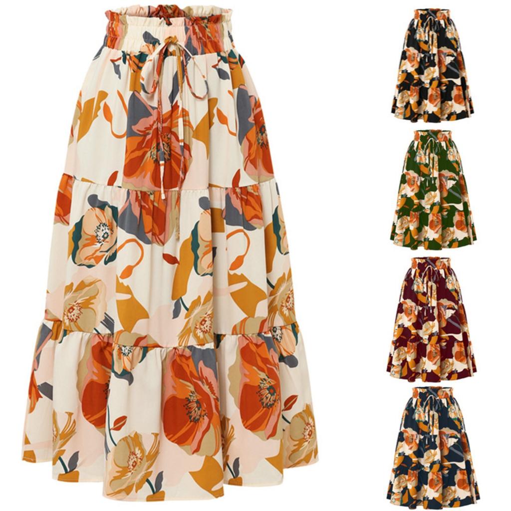 A-line Skirt, Pleated Skirt, Floral Print, Elastic Waist, Midi Skirt