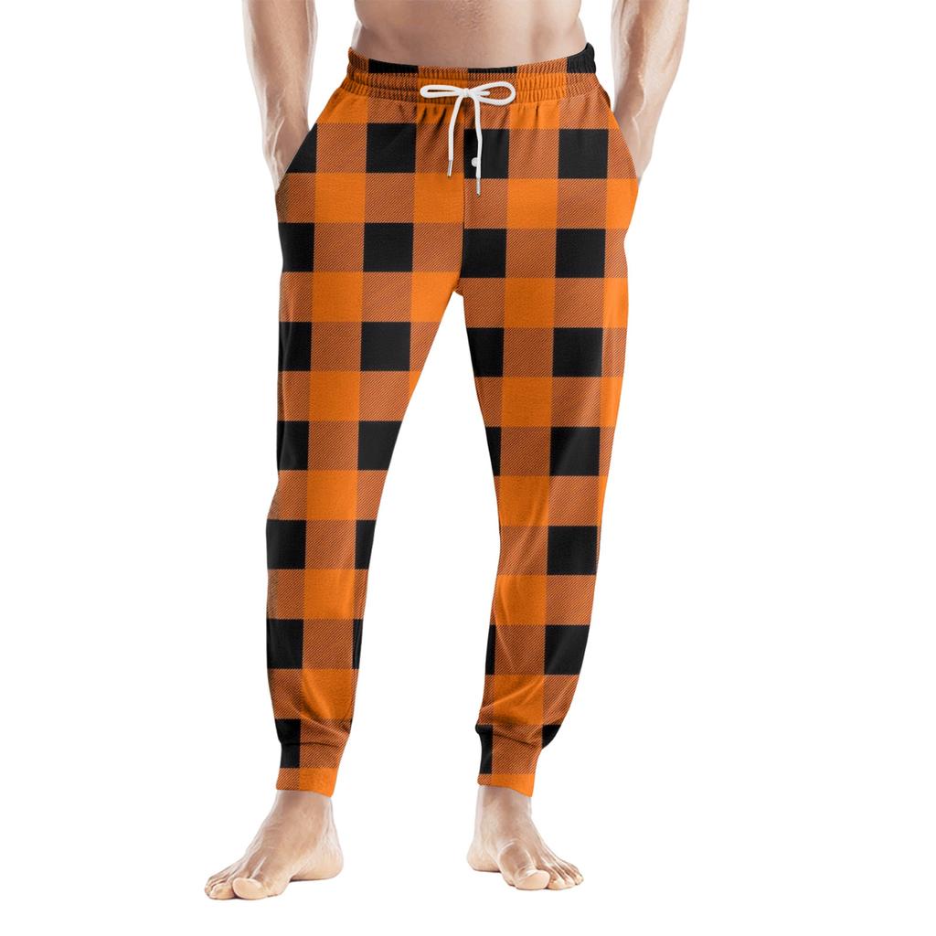 Men's Drawstring Pocket Casual Pants, Checkered Striped Printed Pocket Casual Pants, Home Sleeping Pants
