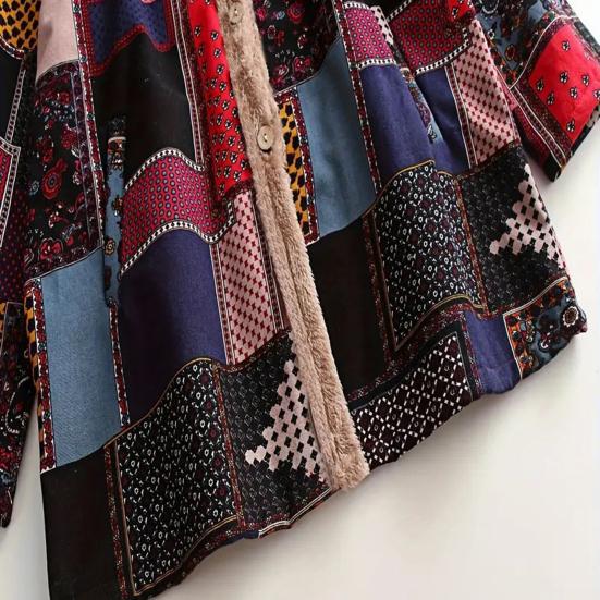 Vestes polaires pour femmes zippées à imprimé floral doublées sherpa à capuche veste patchwork style ethnique vintage