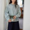 French fungus edge stand-up collar curved split long-sleeved green shirt women's lace-up top spring