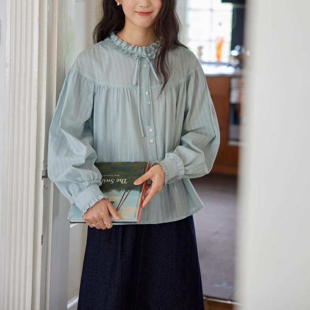 French fungus edge stand-up collar curved split long-sleeved green shirt women's lace-up top spring