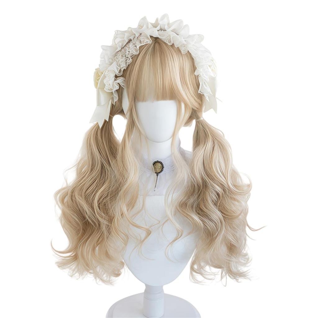 Sizuuenn Lolita Full Curly Long Hair in Blonde and Cream Cute Cosplay Wig with Perfect for School Cultural and Photo Shoots Women's Wig, Pigtails,
