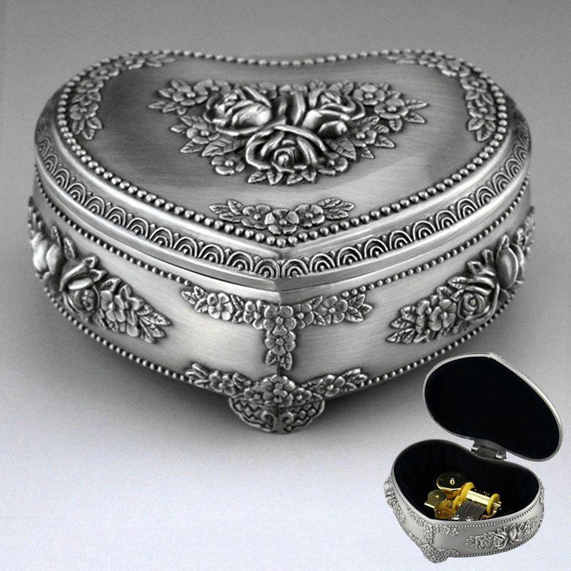 Stunning Silver Alloy Heart Shape Music Box For Kids With Classic Wind Up Mechanism
