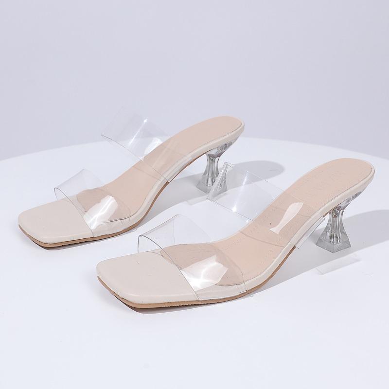 Women's High Heeled Slippers Fashion Transparent PVC Cool Slippers Summer Thick Heeled Sandals Square Toe Open Toe Women Slides