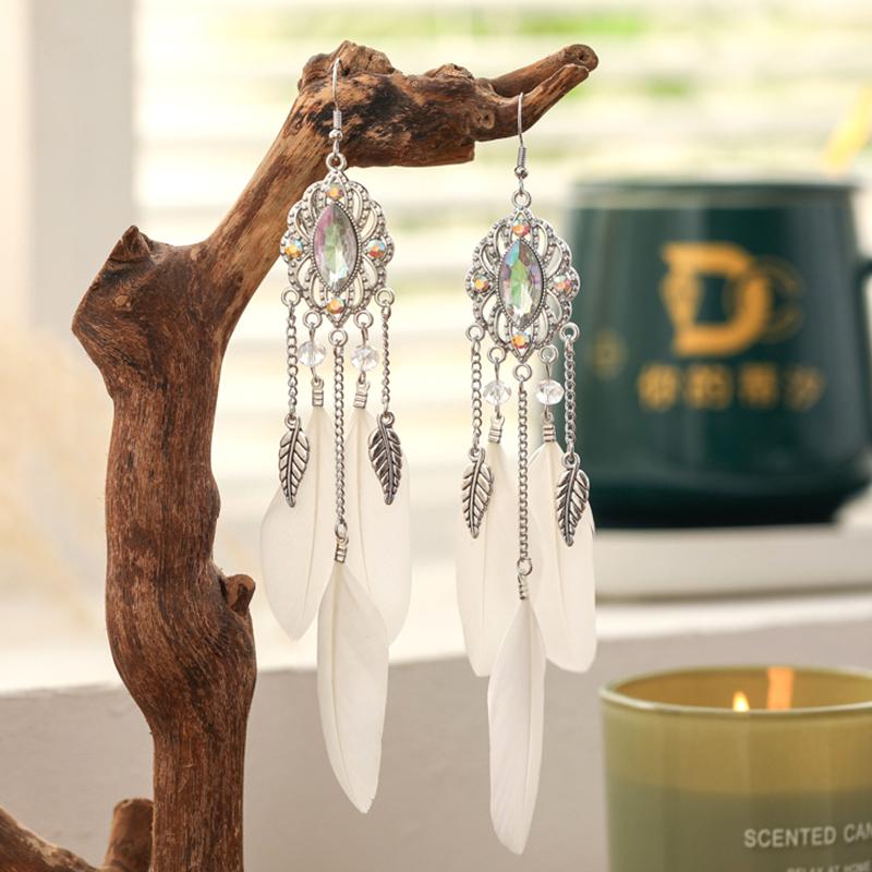 Fashion Temperament Bohemian Feather Earrings for Women Long Crystal Leaf Vintage Earring Female Wedding Party Jewelry