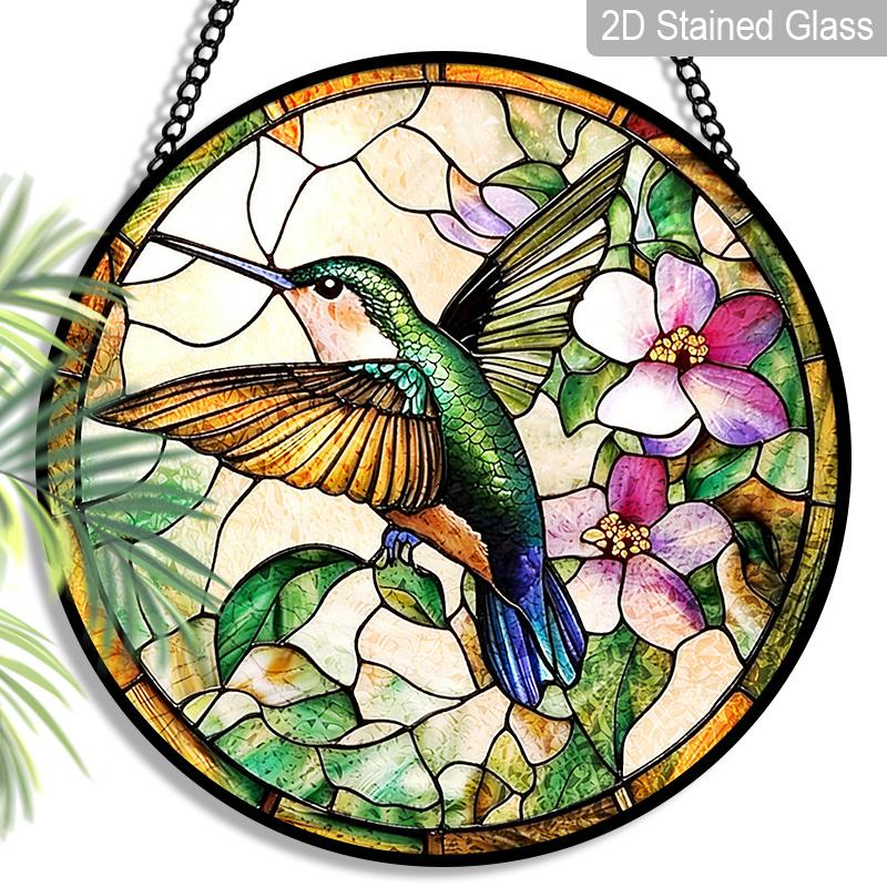 2D Flat Stained Glass Hummingbirds Window Decoration, 7.87inches Colored Glass Plate with Chain, Charming Spring Summer Sun Catcher Home Livingroom
