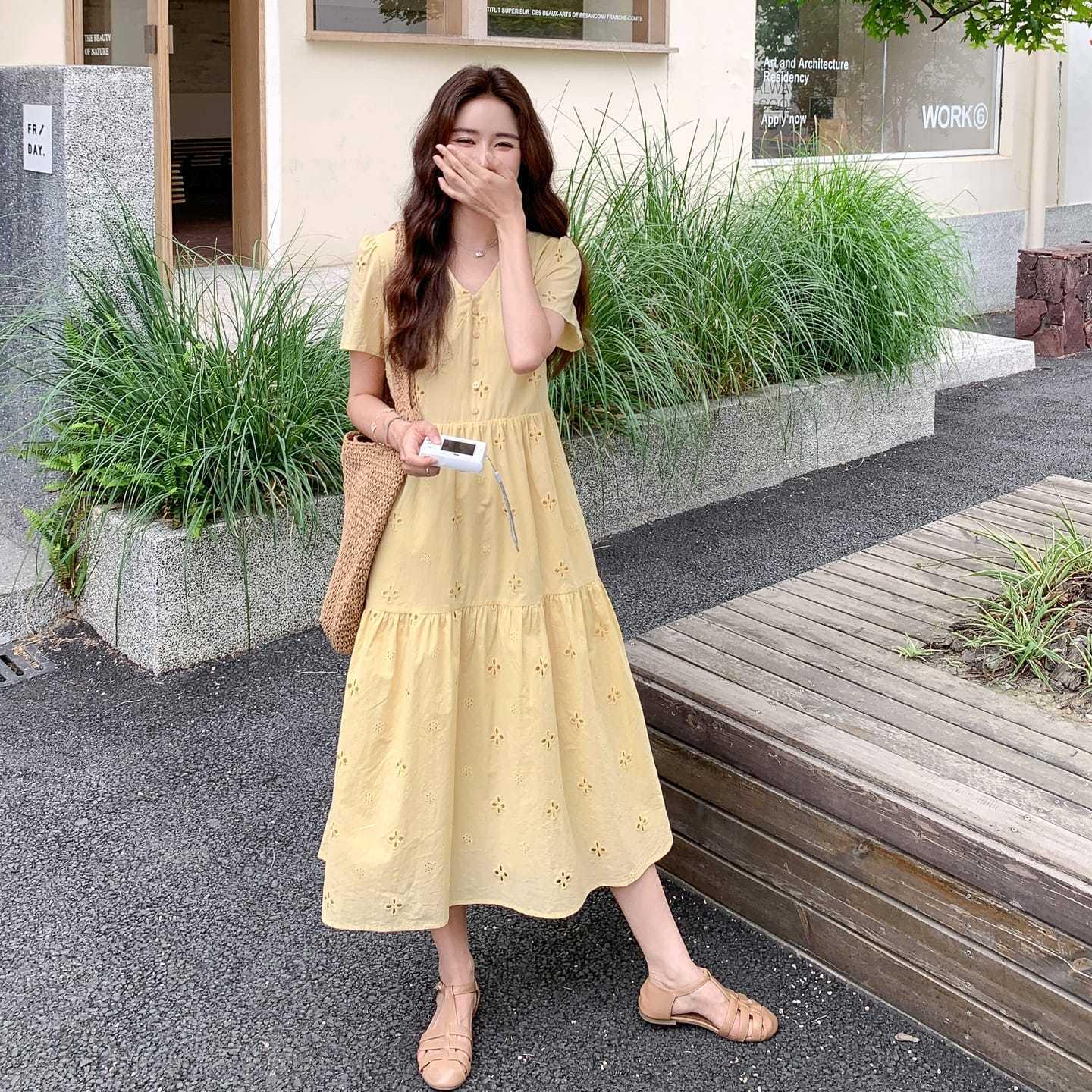 Elegant French Yellow Embroidered High-Waisted Summer Maxi Dress 2026 S 85-100 lbs жёлтый