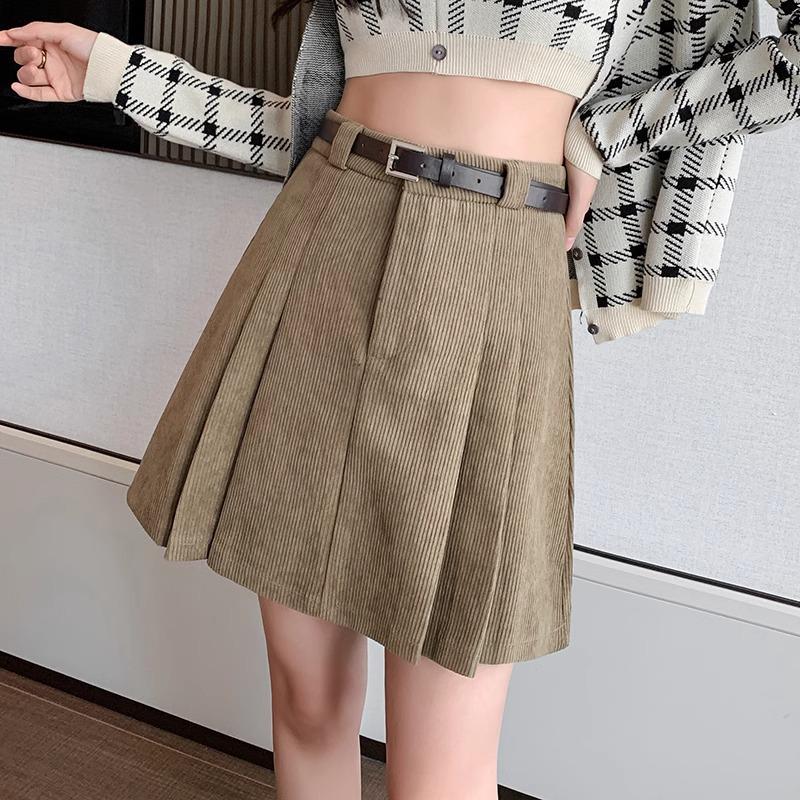 Women's High Waist Khaki Corduroy A-Line Mini Skirt - Petite Slimming Pleated Design for Autumn/Winter 2024