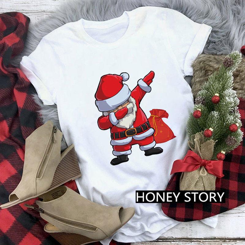 Casual Cute Cartoon Christmas Santa Graphic Female T-Shirt 90S Funny Summer Tees Loose White Blouse Short Sleeve O-Neck Crop Top