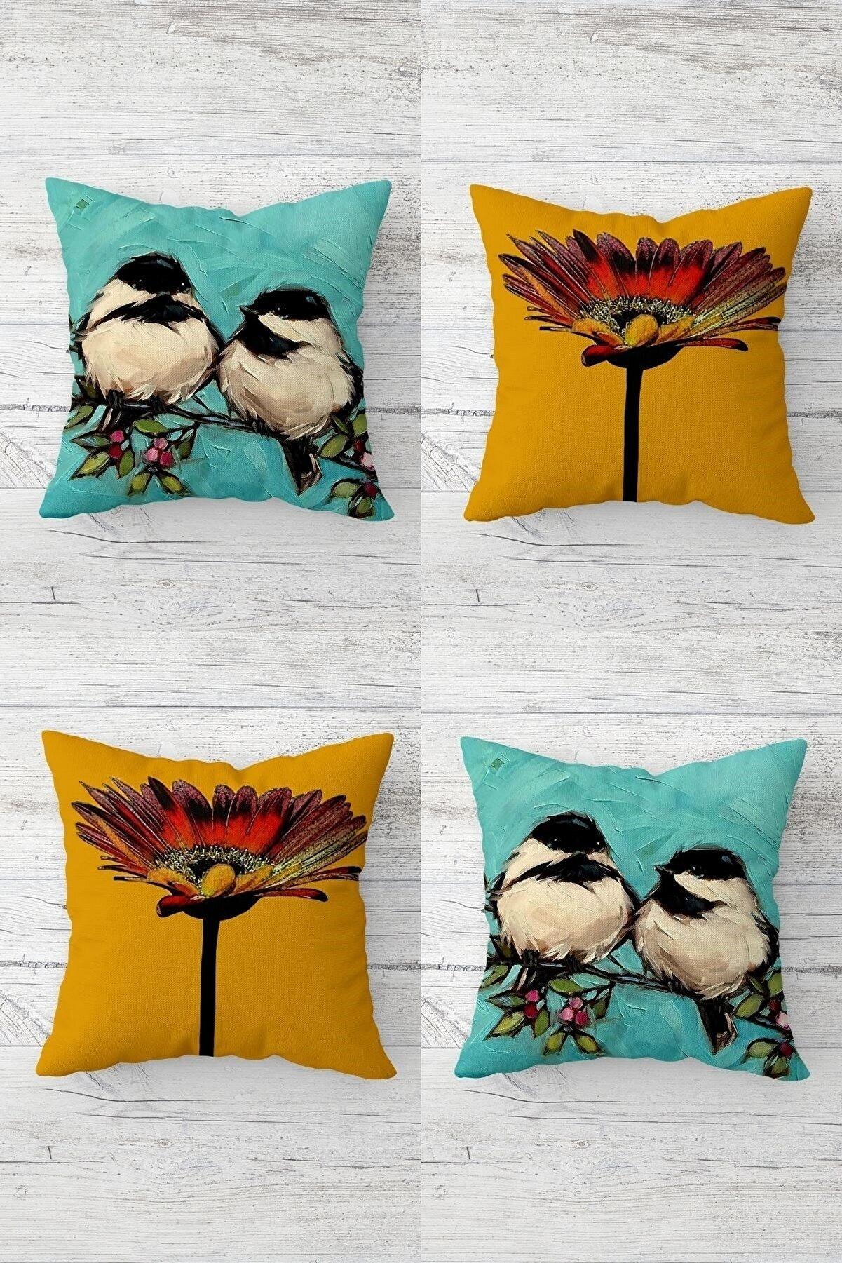 

Birds on the Branch and Daisy Hidden Zippered Throw Pillow Cover Sofa Pillow Case Set (4pcs)