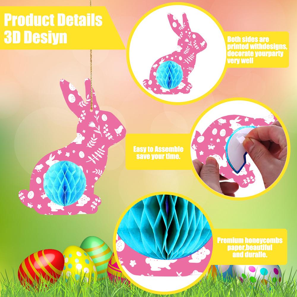 9pcs Easter Colorful Bunny Hanging Pendant Easter Rabbit shape Hanging Honeycomb Paper Ball Ornament Easter Spring party decor