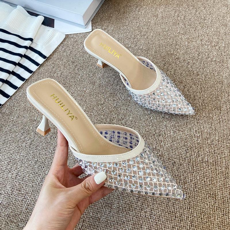 Fashion Women Vintage Pointed High Heel Mule Sandals Rhinestone Embellished Hollow Out Slip On Shoes