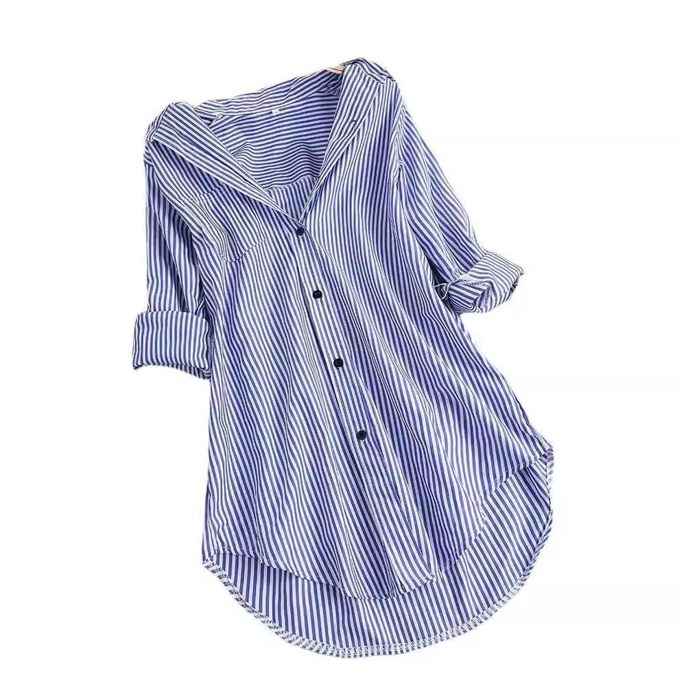 Dámská proužkovaná letní ležérní košile s dlouhým rukávem s potištěným knoflíkem