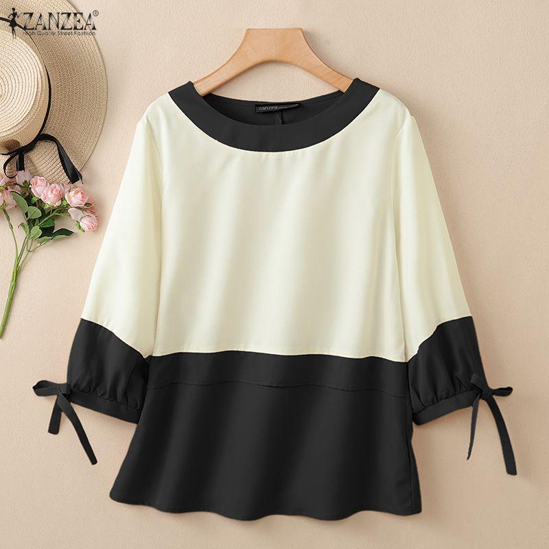 ZANZEA Womens Elegant Colorblock Blouse Casual O Neck 3/4 Sleeve Patchwork Loose Tops