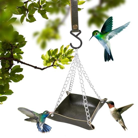Hanging Bird Feeder Outdoor Hummingbird Feeders Faux Leather Feeding Tray Metal Mesh Attracting Wild Birds Square Platform