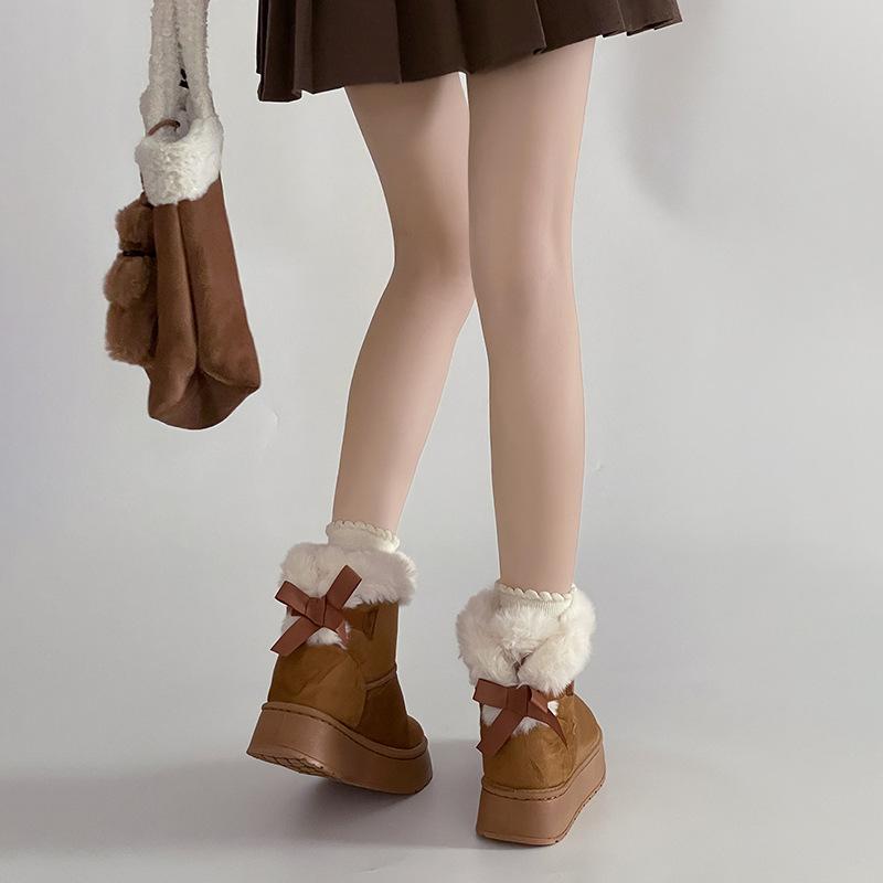 Mote Mori hår korte støvletter flenset plattform snøstøvler dame 2025 vinter retro bak snøring fløyel store bomullssko