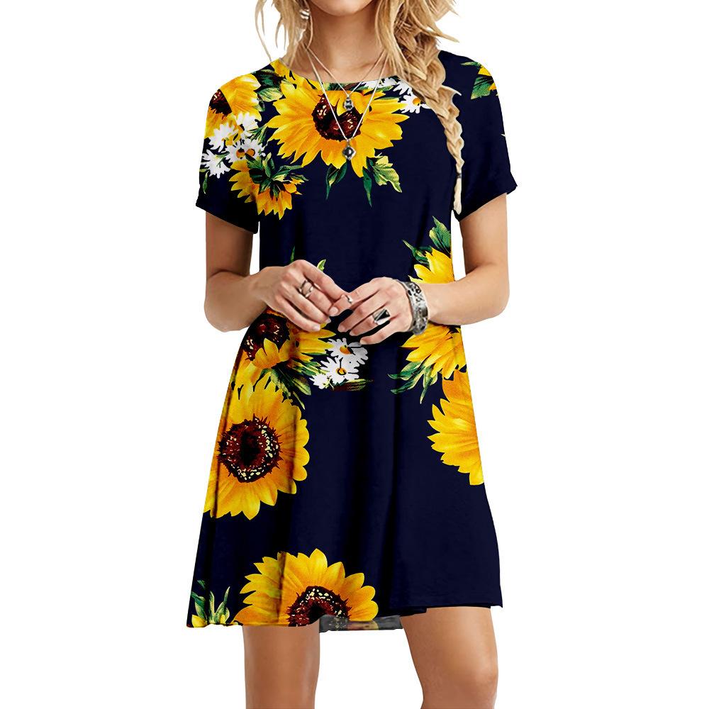 Dresses For Summer New Women Boho Sunflower Print Dress Casual O-Neck Short Sleeve Loose Ladies Dress