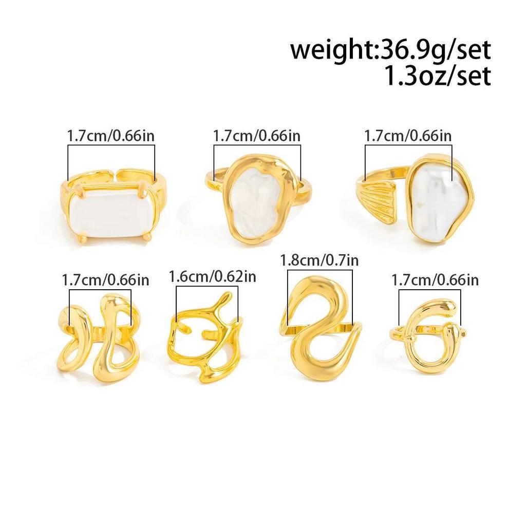 Salircon 7Pcs/set Punk Geometric Irregular Metal Open Rings for Women Trendy Exquisite Imitation Pearl Knuckle Ring Jewelry Gift
