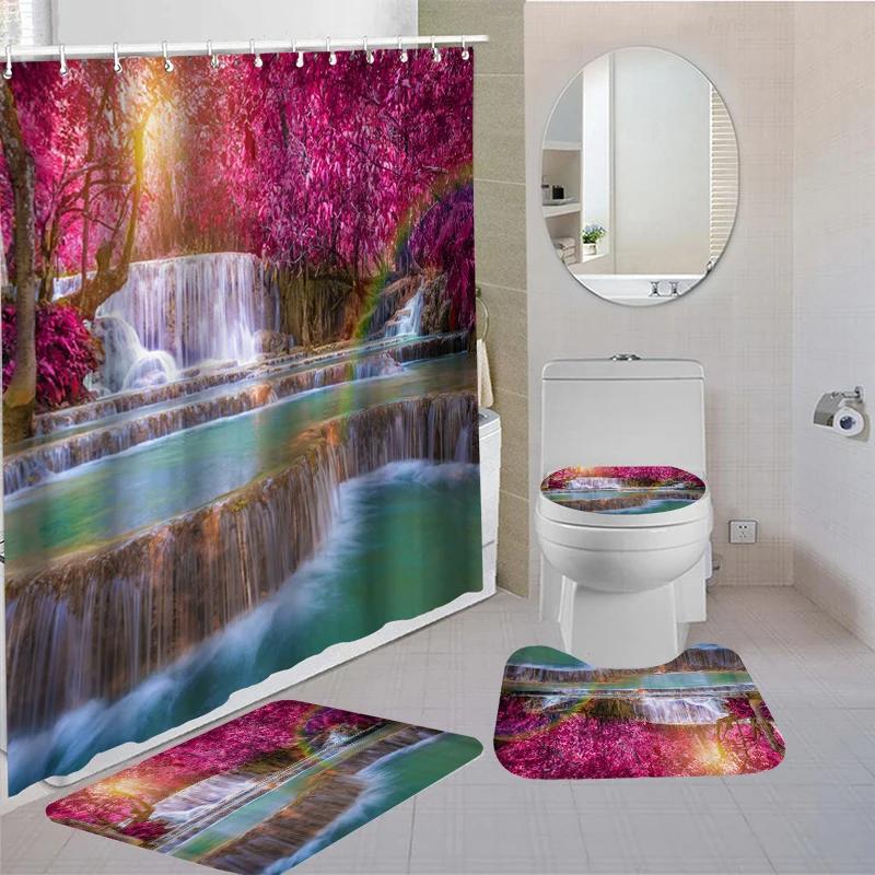 Forest Bathroom Shower Curtain Set Waterproof Bath Curtain Sets Toilet Cover Non-Slip Mat Rug Carpet Set Home Decor Accessories
