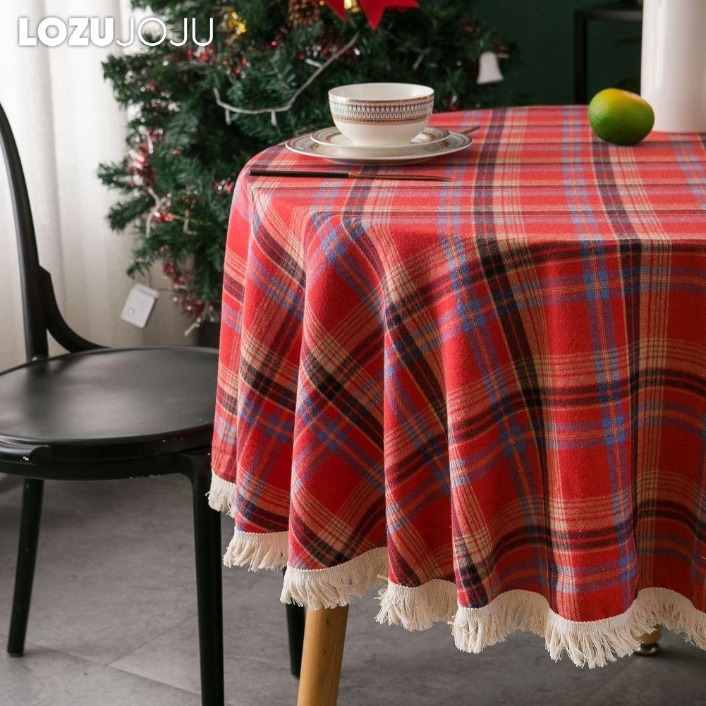 1PC LOZUJOJU Christmas Plaid Printed Tassel Edge Table cloth Retro Party Decoration Table cloth for Kitchen Dining Table Coffee Table Home Decor