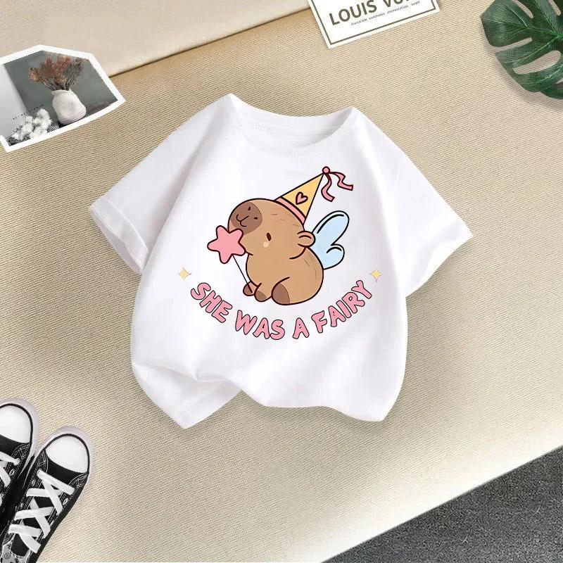 Summer Girls' Short-Sleeved T-shirt Children's round Neck Loose Fit Cute Stylish Capybara Print Casual Top for Kids Modal