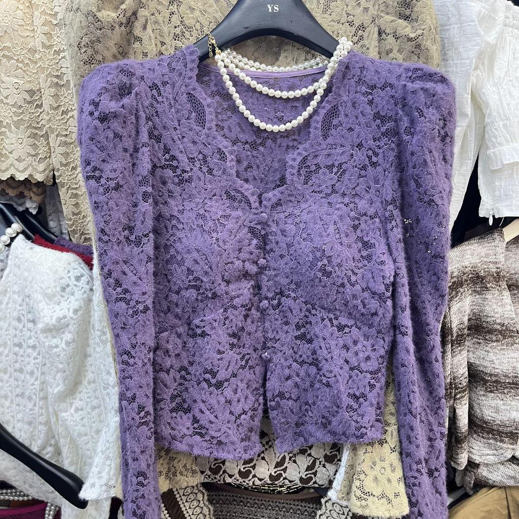 V-Ausschnitt Langarm Puffärmel Spitzenoberteil für Damen - Slim Fit Aushöhlungsdesign