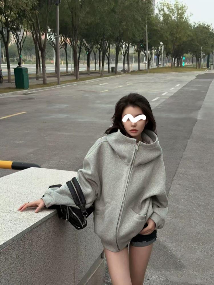 Graues Kapuzen-Sweatshirt mit Reißverschluss und hohem Kragen für Damen - Koreanischer Stil, lockere Passform für den frühen Herbst