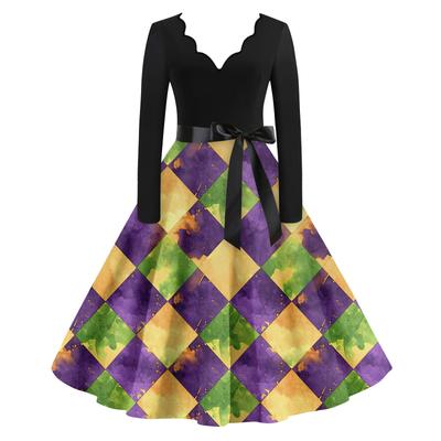 Damska Codzienna Moda Dekolt V Długi Rękaw Drukowana Sukienka Długa w Stylu Vintage