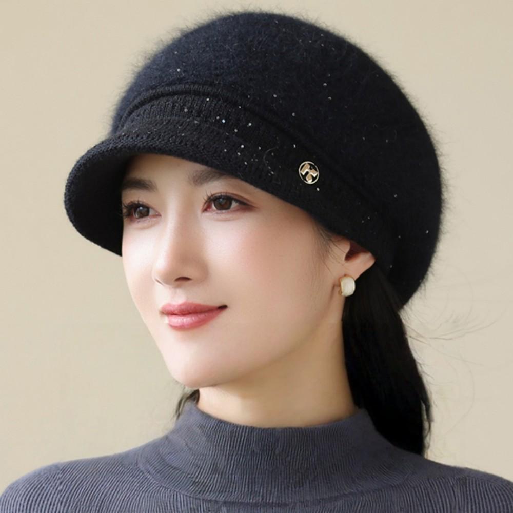 New Women Fashion Winter Warm Hat K Letter Plush Fur Lined Warm Hats For Women Casual Rabbit Fur Blend Outdoor Dandy Knitted Cap