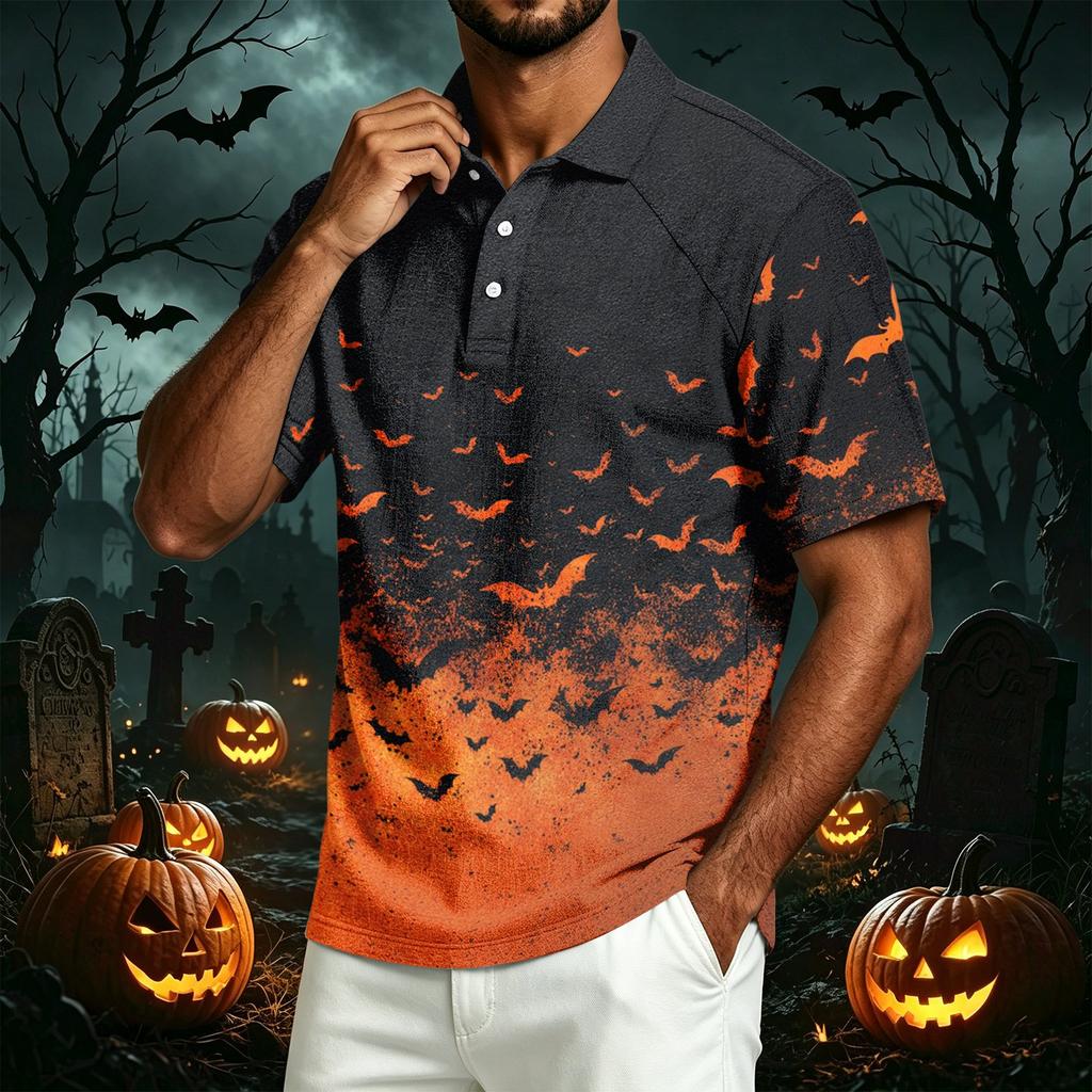 Men's Casual Lapel Lightweight Cotton Linen Breathable Short Sleeve Shirt with Halloween Pumpkin Print for Daily Wear