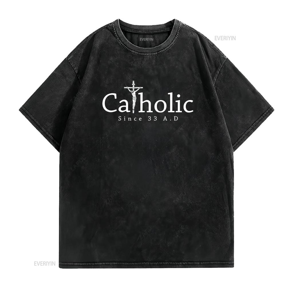 Catholic Since 33 AD Crucifix Jesus Eucharist Christianity T Shirt Black X Large Vintage Washed Stylish Fashion Stretched