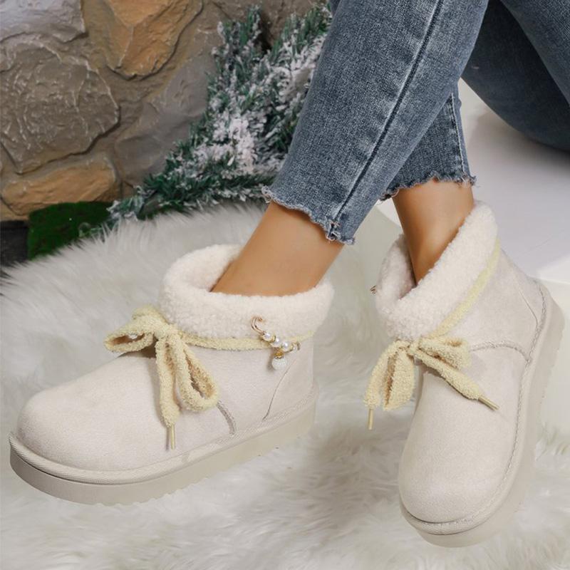 Luxury Lace Up Pearl Decoration Snow Boots Women 2025 Soft Faux Fur Ankle Boots Woman Solid Color Platform Warm Botas Mujer