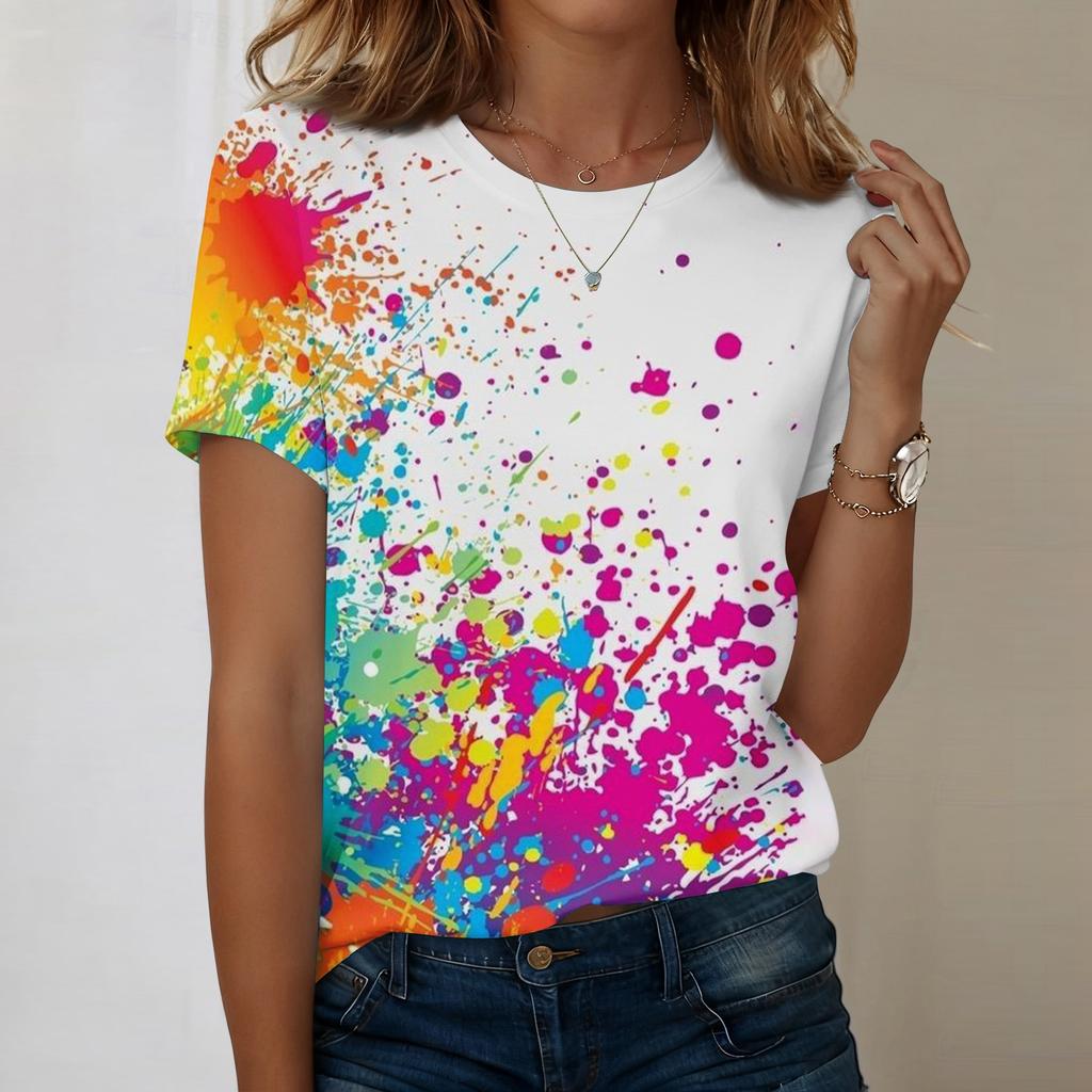 Women's Fashionable Casual Short-sleeved, Retro Printed Round-neck Top