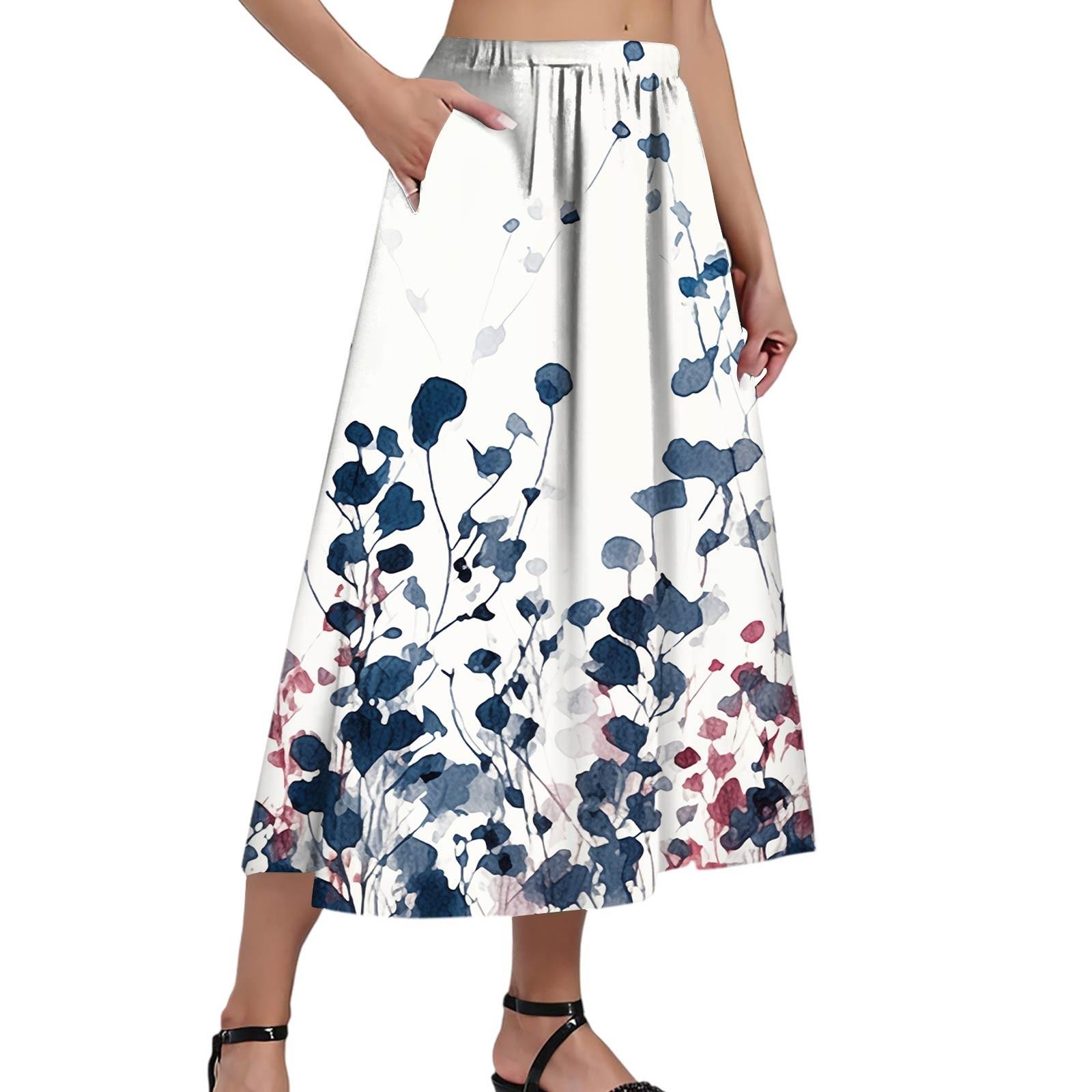 

Женская повседневная модная юбка с принтом, эластичная свободная плиссированная юбка до середины тела с карманами (С боковым карманом) S тёмно-синий