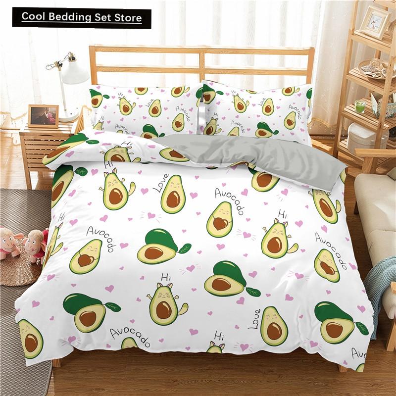 Green Avocado King Queen Duvet Cover Cartoon Avocados Bedding Set Fruits Quilt Cover Tropical Plant Polyester Comforter Cover