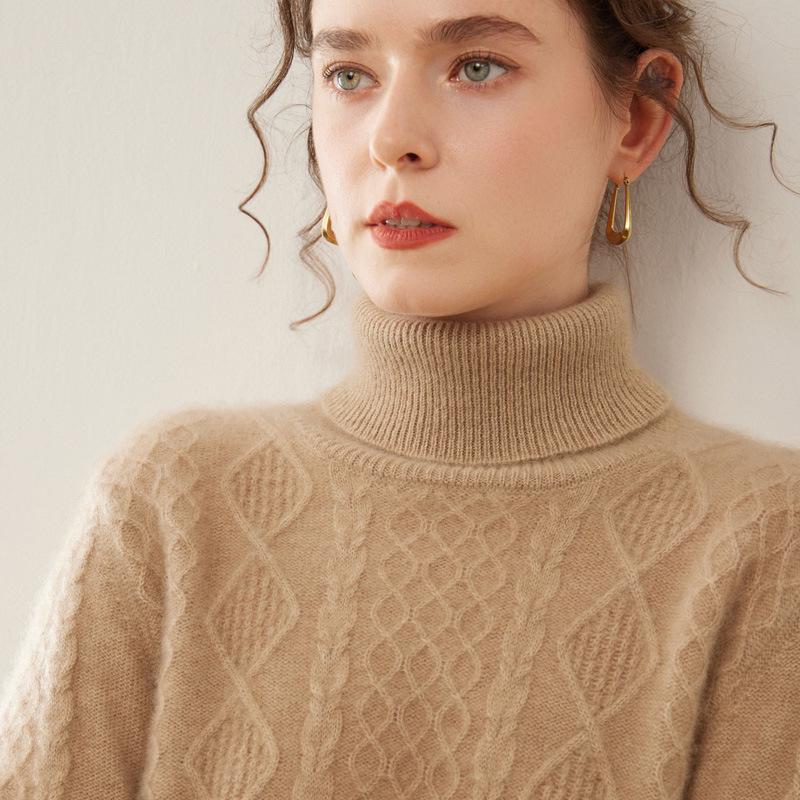 Ladies' Retro High-Neck Double-Strand Cashmere Knit Pullover