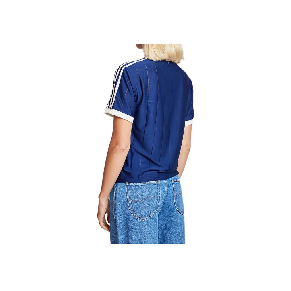 adidas Originals Striped Logo Print Crew Neck Loose Fit T-Shirt Women Tops Navy IR7466