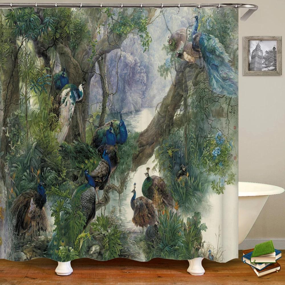 3D Flowers and Birds Peacocks Shower Curtain Waterproof Bathroom Curtains Polyester Home Decor Bathtub Curtain Screen with Hooks