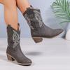 Large size embroidered square heel locomotive boots autumn and winter round head medium tube but knee women's boots